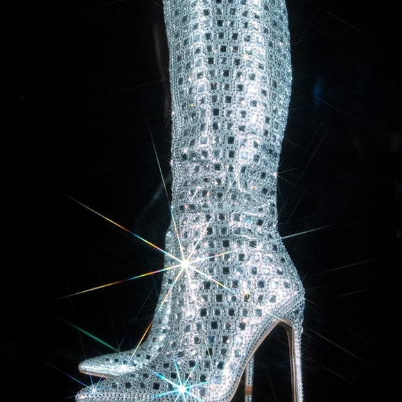 ""STARLIGHT DIVA" Sparkling Silver Rhinestone Heeled Boots - Picture 4 of 8